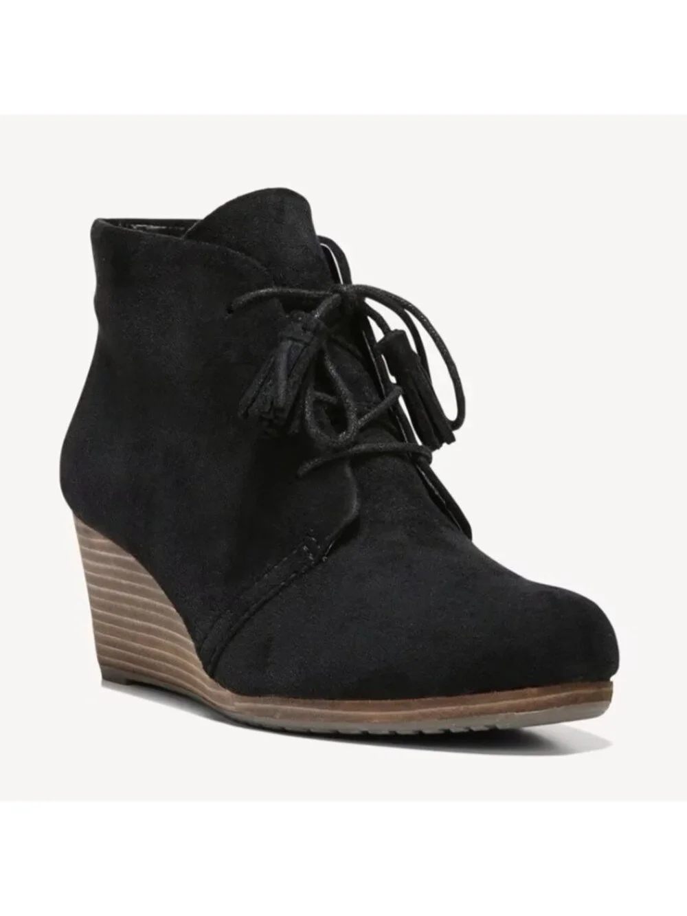 Faux Suede Lace Up Wedge Heel Ankle Booties Dr. Scholl's Size 8 Black Dakota